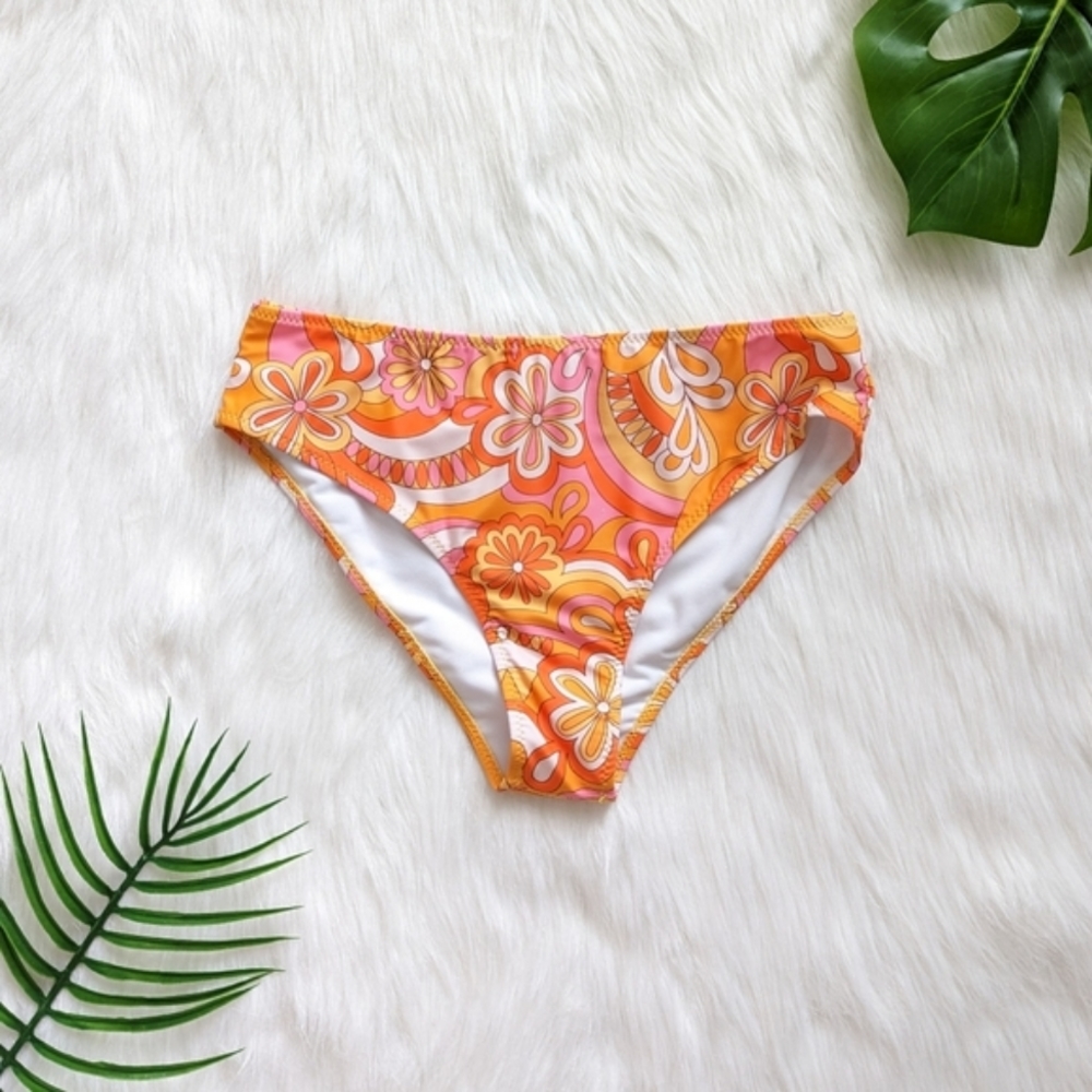 Pink orange yellow and white abstract hippie floral print bikini bottom size M L